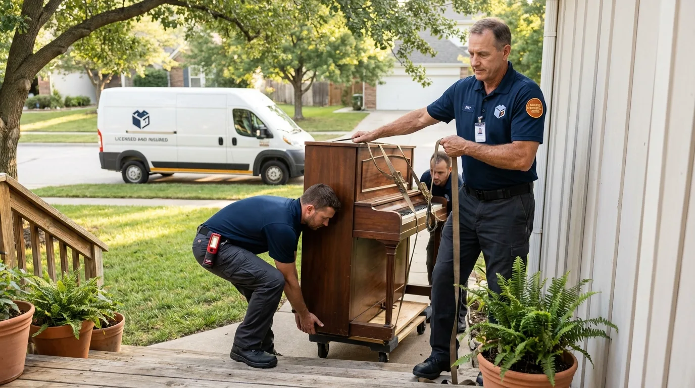 Licensed piano movers securing grand piano in Woodlawn, VA