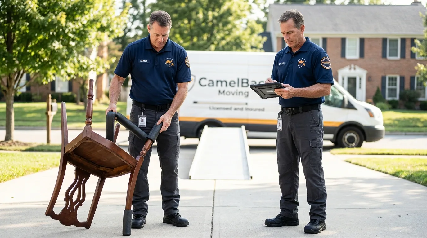 Movers inspecting furniture for damage prevention before loading in Woodlawn, VA