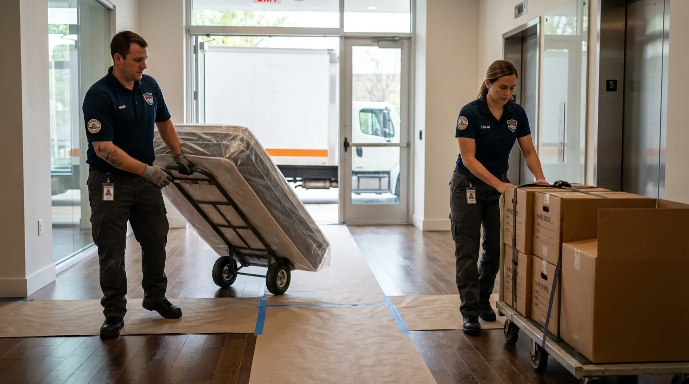 Professional apartment movers loading elevator in Woodlawn, VA
